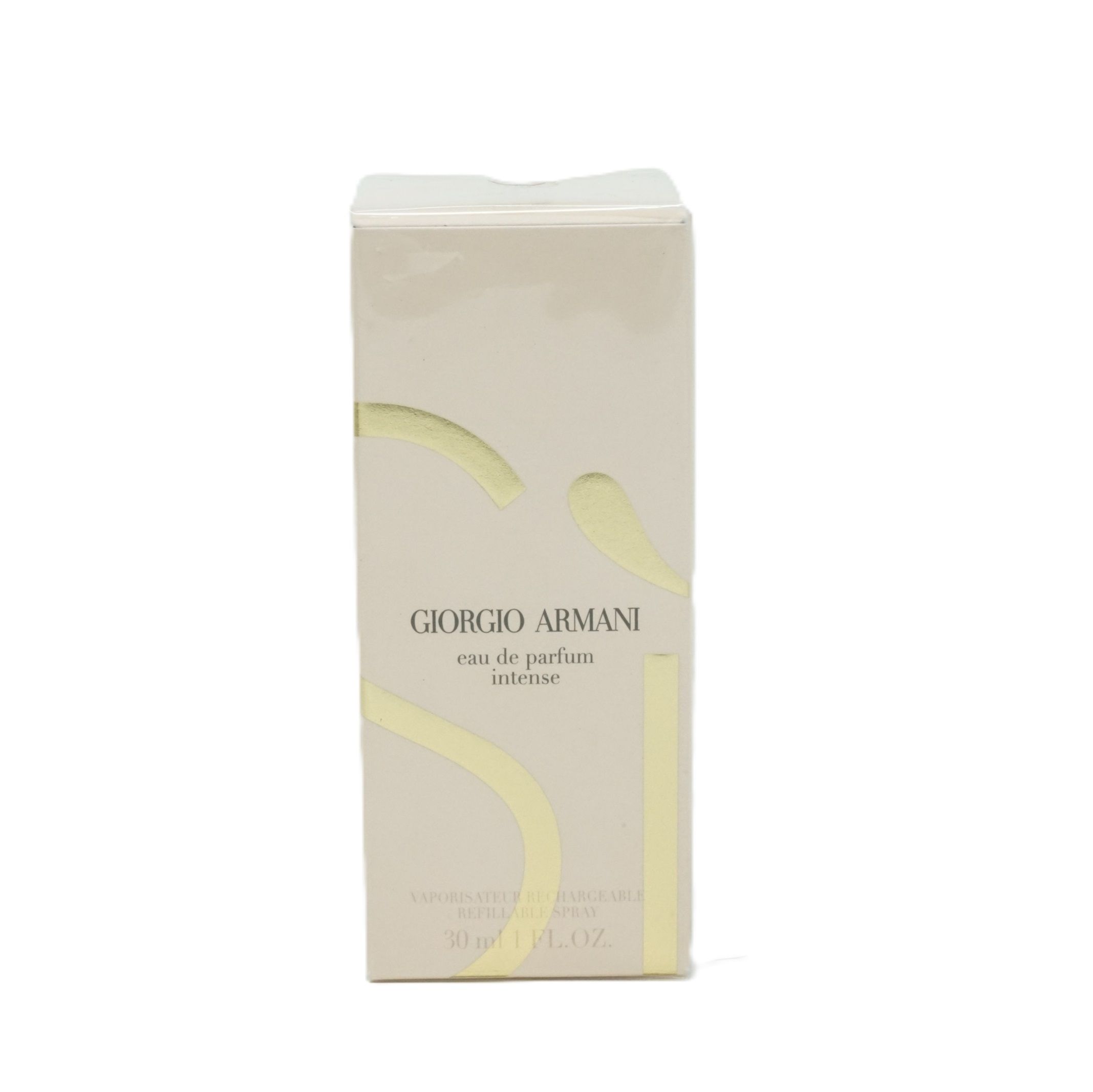 Giorgio Armani Si Eau de Parfum Intense. Rechteckige Verpackung, hellbeige mit gelben Akzenten. Produktname sichtbar.