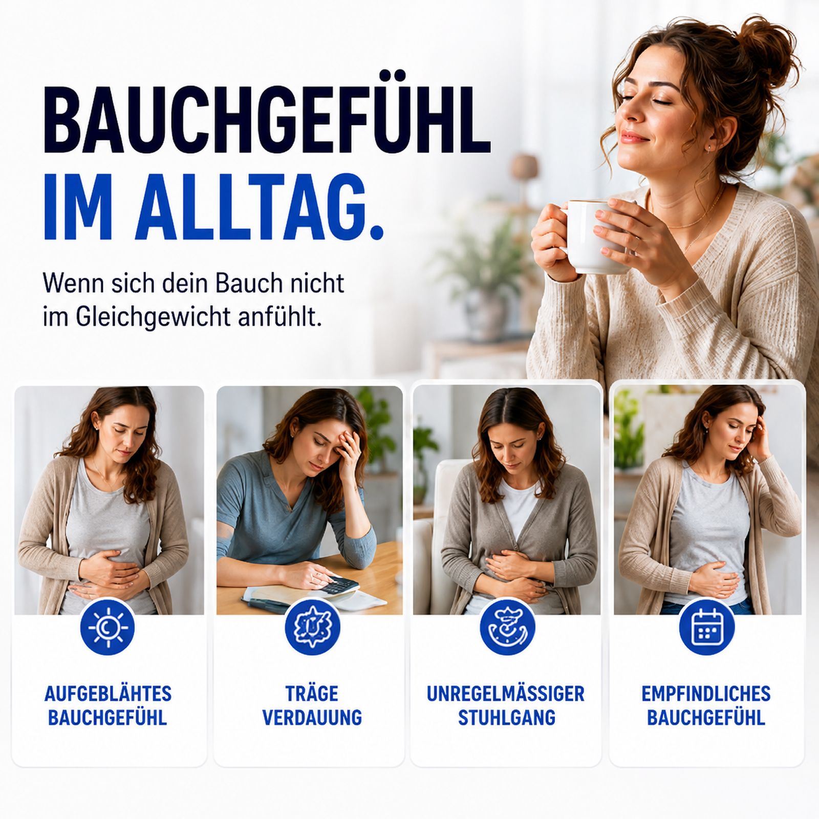 Frau genießt Tasse, Bauchgefühl im Alltag. Vier kleine Bilder zeigen Blähbauch, träge Verdauung, Stuhlgang, Bauchgefühl.