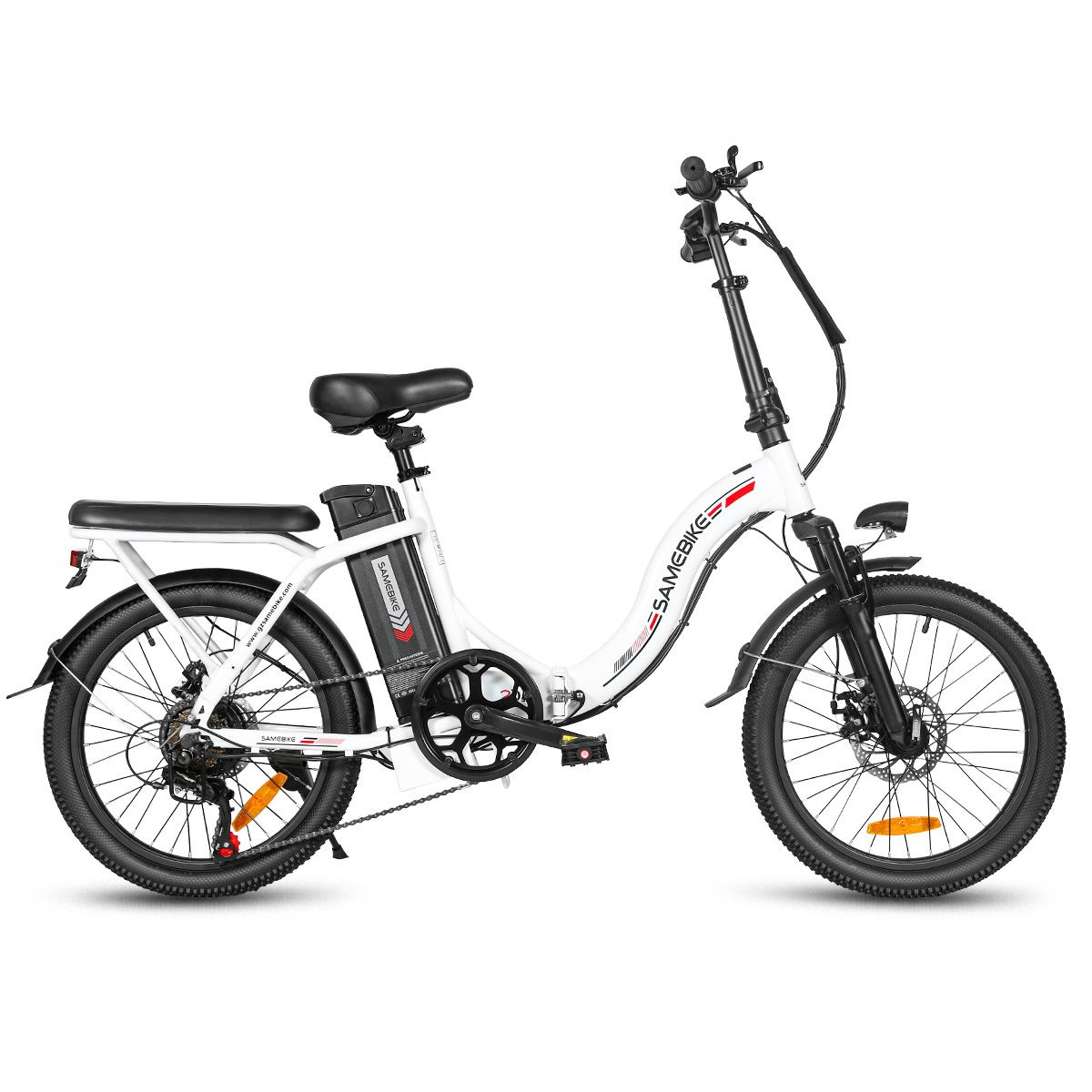 Faltbares E-Bike, weiß und schwarz, mit Scheinwerfer. Marke SAMEBIKE.