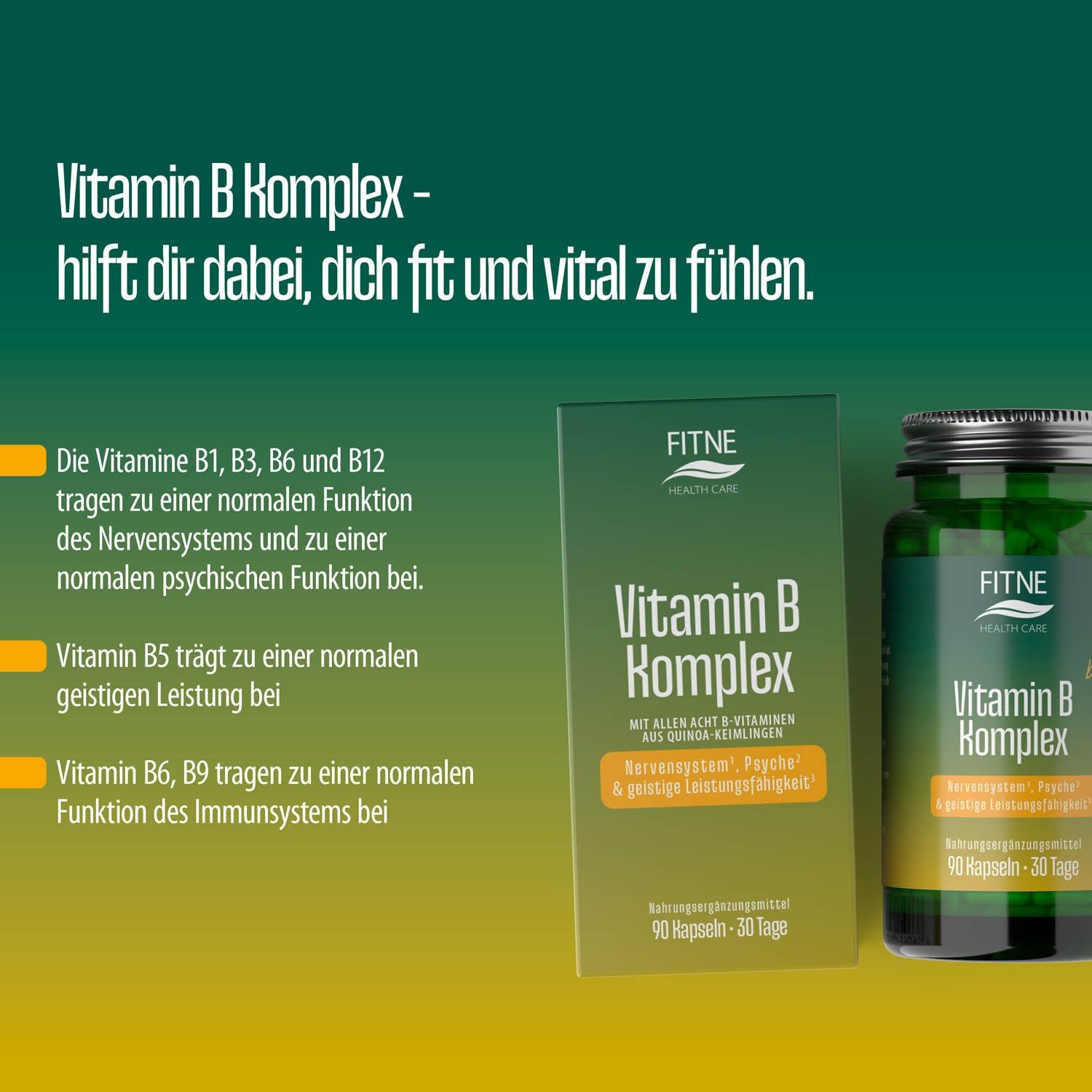 FITNE Vitamin B Komplex Kapseln. Verpackung und Flasche. Enthält B1, B3, B6, B12. Unterstützt Nervensystem und psychische Funktionen. Vegan.