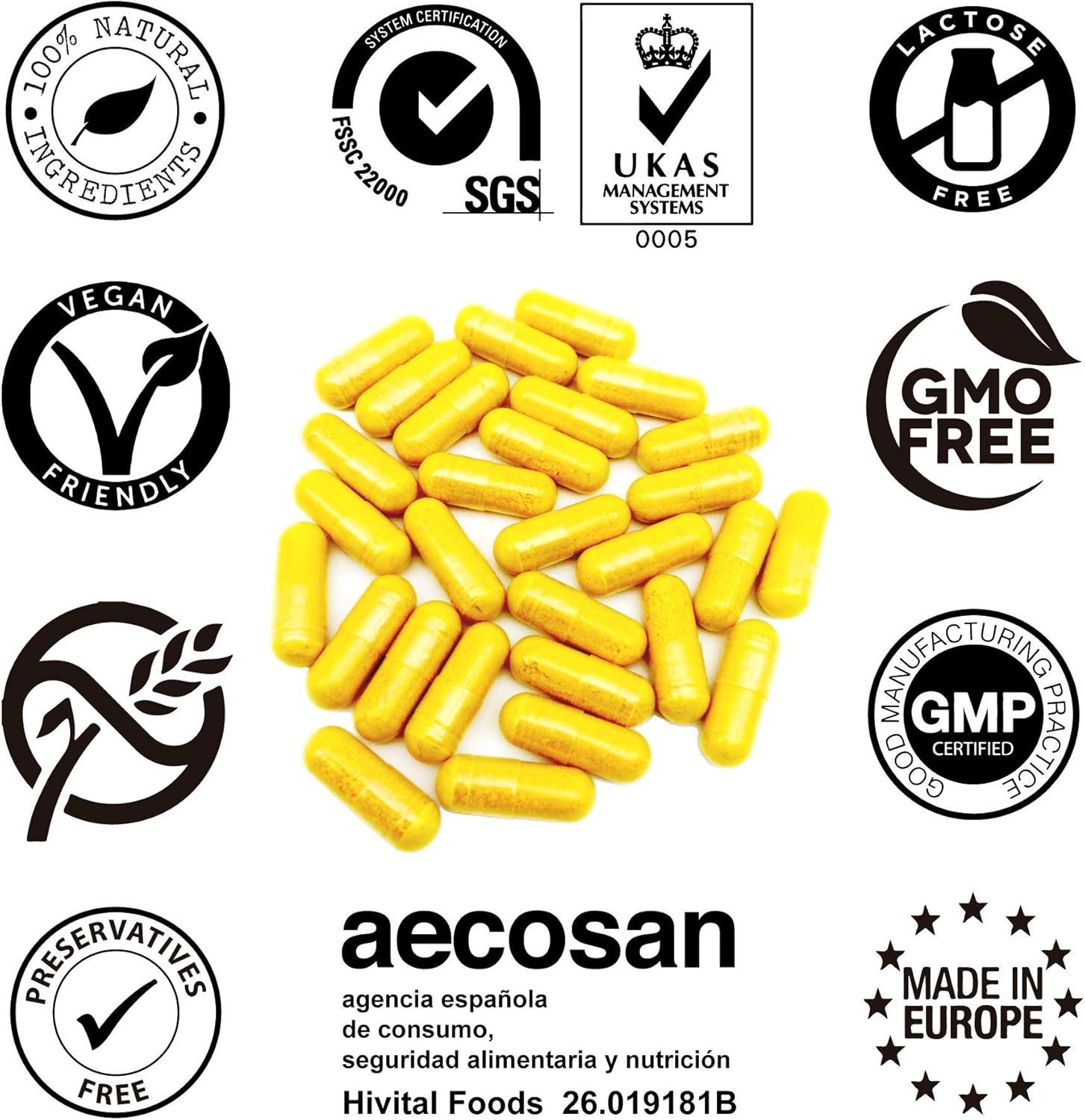Gelbe Kapseln, umgeben von Logos. Logos: 100% natürliche Inhaltsstoffe, vegan, GMO-frei, GMP-zertifiziert, Made in Europe, etc.