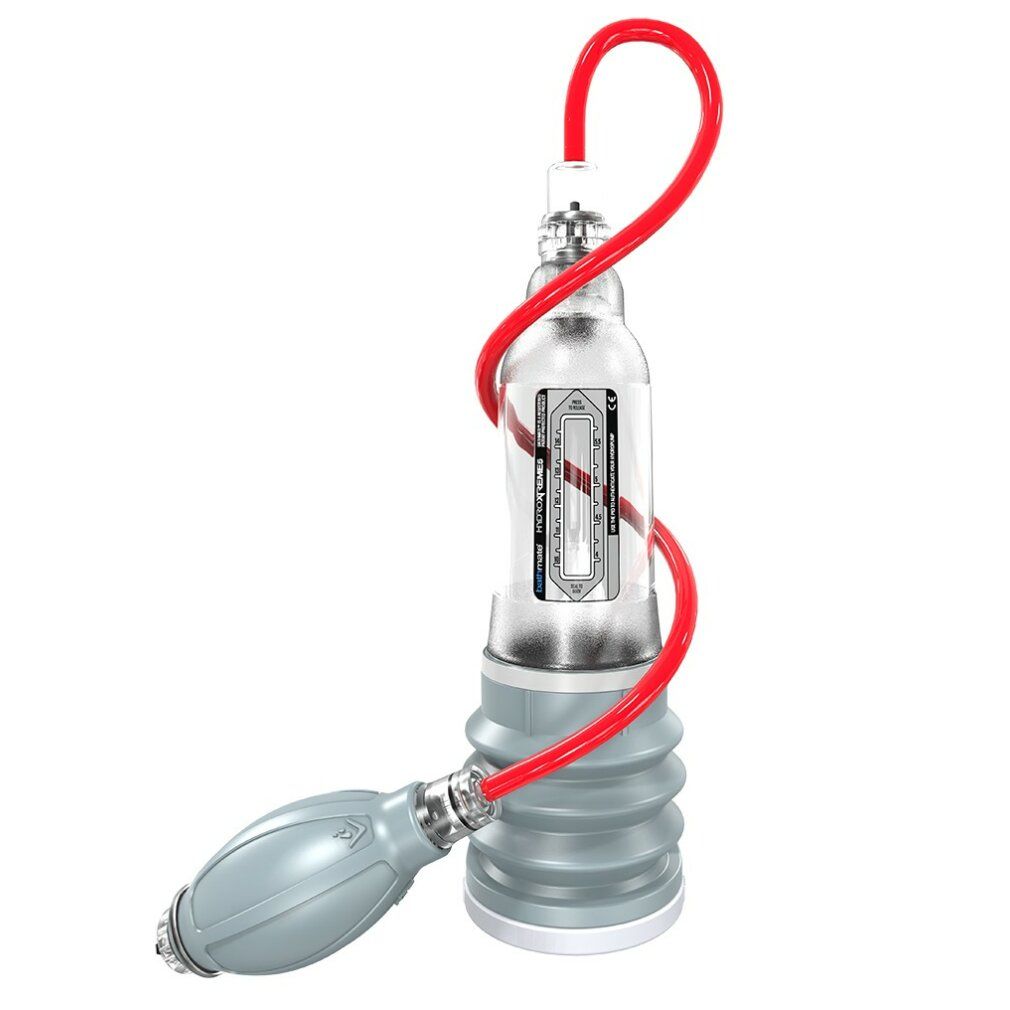 Klarer Zylinder mit rotem Schlauch und grauer Pumpe. Skala am Zylinder. Wellenförmiger Sockel.