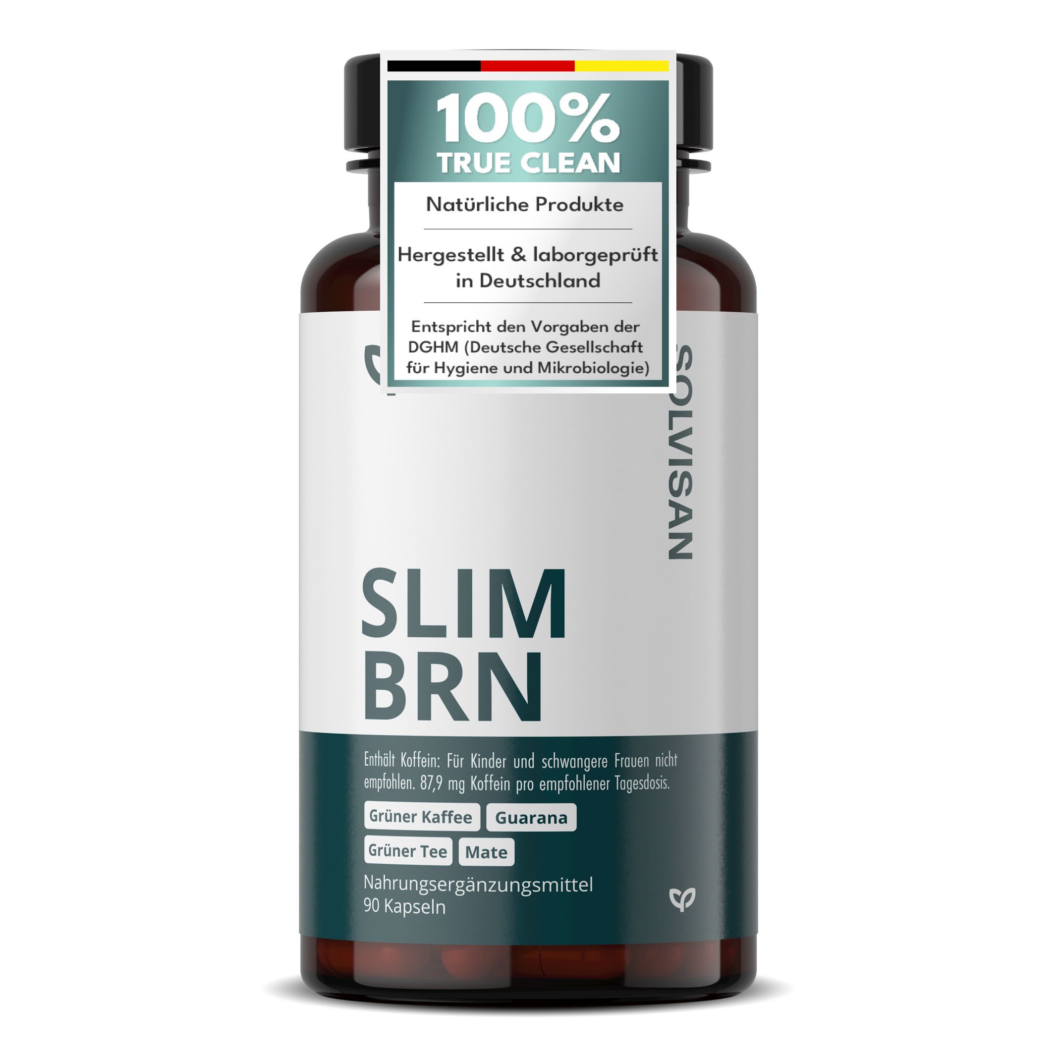 Braune Flasche SOLVISAN® SLIM BRN. Etikett mit Inhaltsstoffen, 90 Kapseln. 100% True Clean. Natürliche Produkte. Hergestellt in Deutschland.