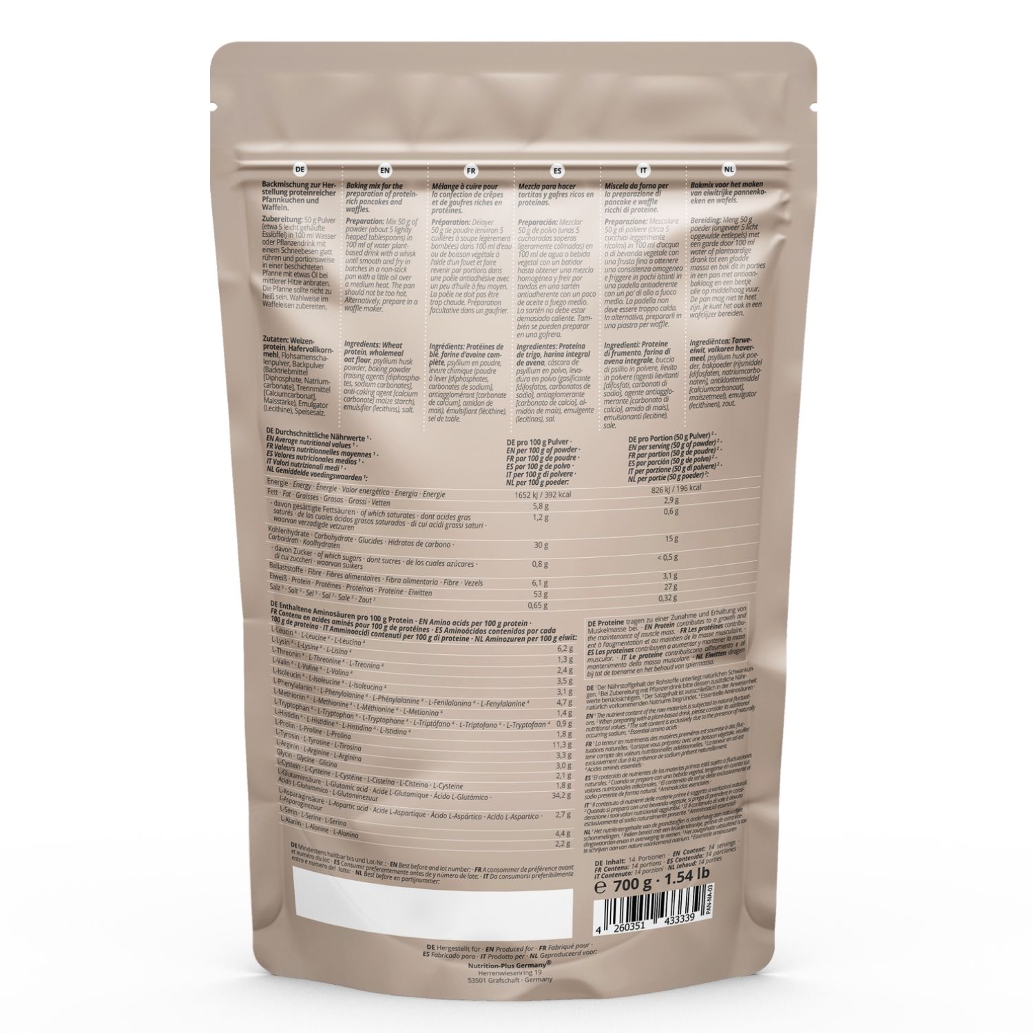 Rückseite der Produktverpackung mit Text in mehreren Sprachen. Enthält Nährwertangaben und Zutatenlisten.