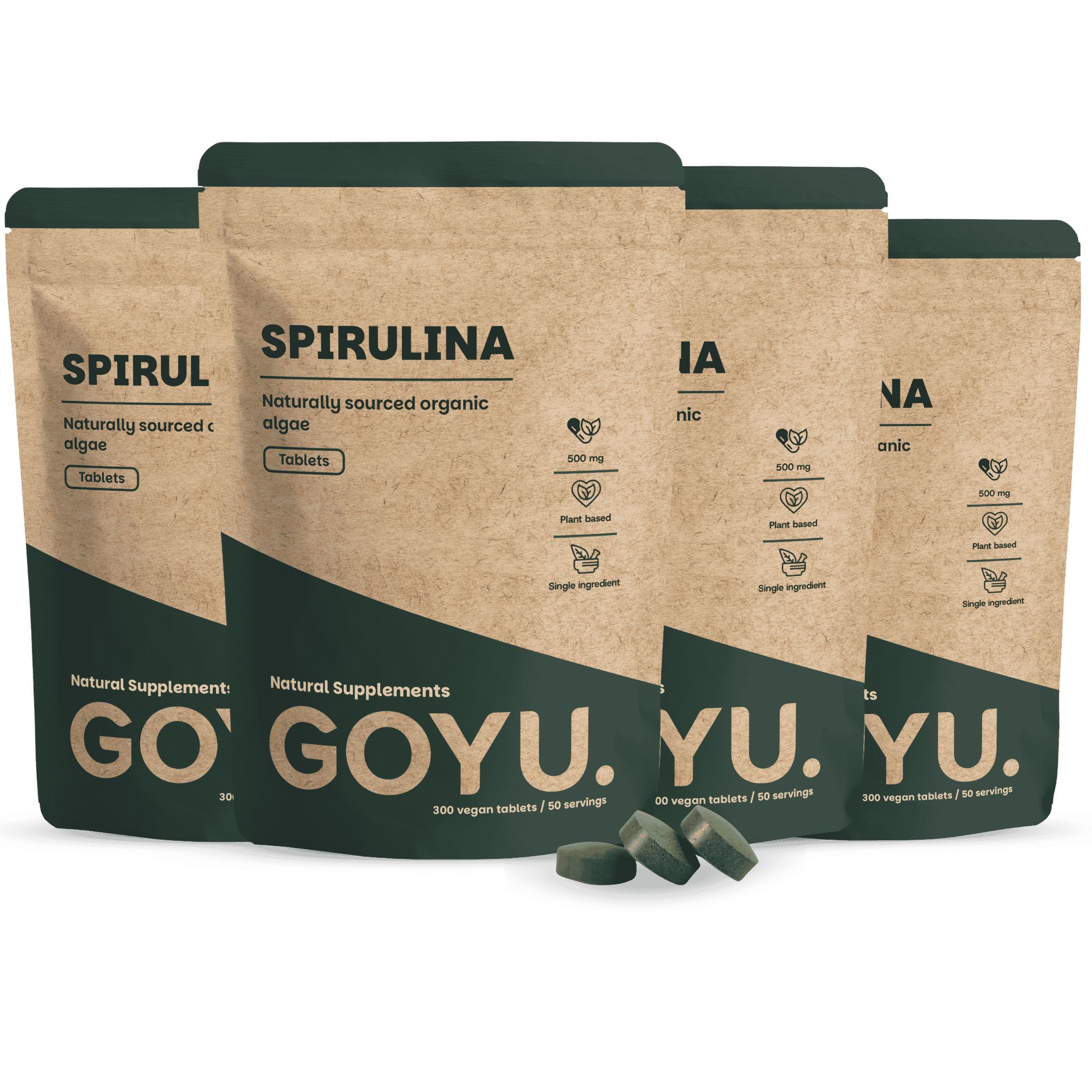 Vier Packungen Spirulina Tabletten, 300 vegane Tabletten pro Packung.