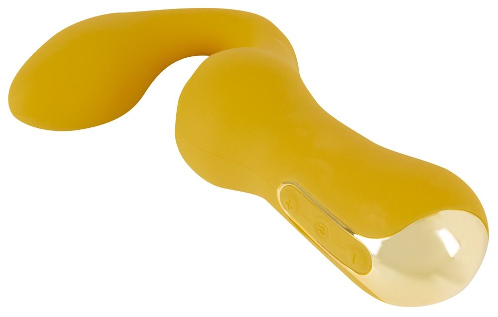 Gelber Vibrator mit geschwungener Form, goldenem Akzent und Bedienelementen.