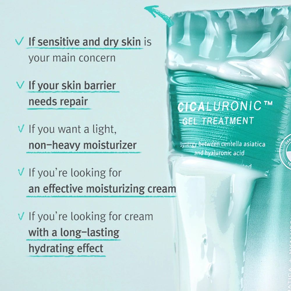 Nahaufnahme der Produktverpackung. Text: Cicaluronic Gel Treatment. Aufzählungspunkte mit Produktvorteilen. Grüner Hintergrund.