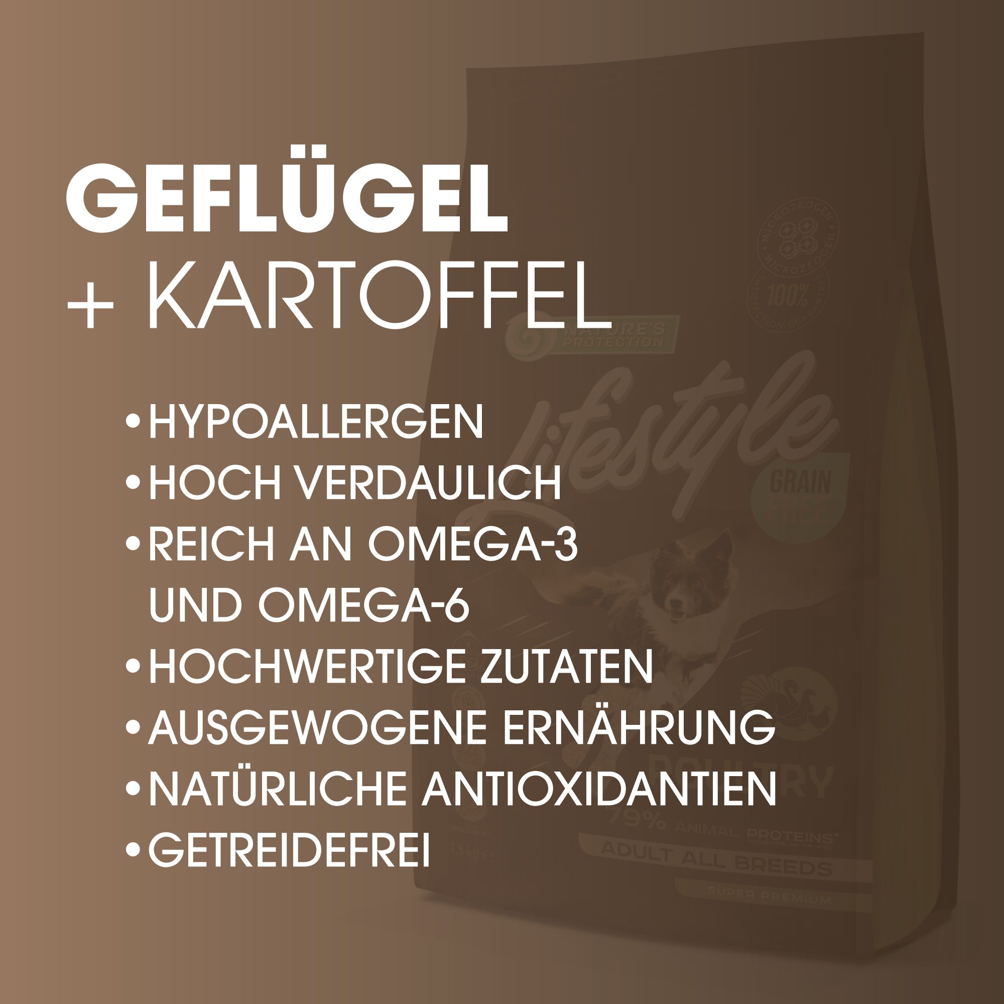 Braune Grafik mit Text. Text: Geflügel + Kartoffel. Eigenschaften: Hypoallergen, hoch verdaulich, reich an Omega-3 und Omega-6, u.a.