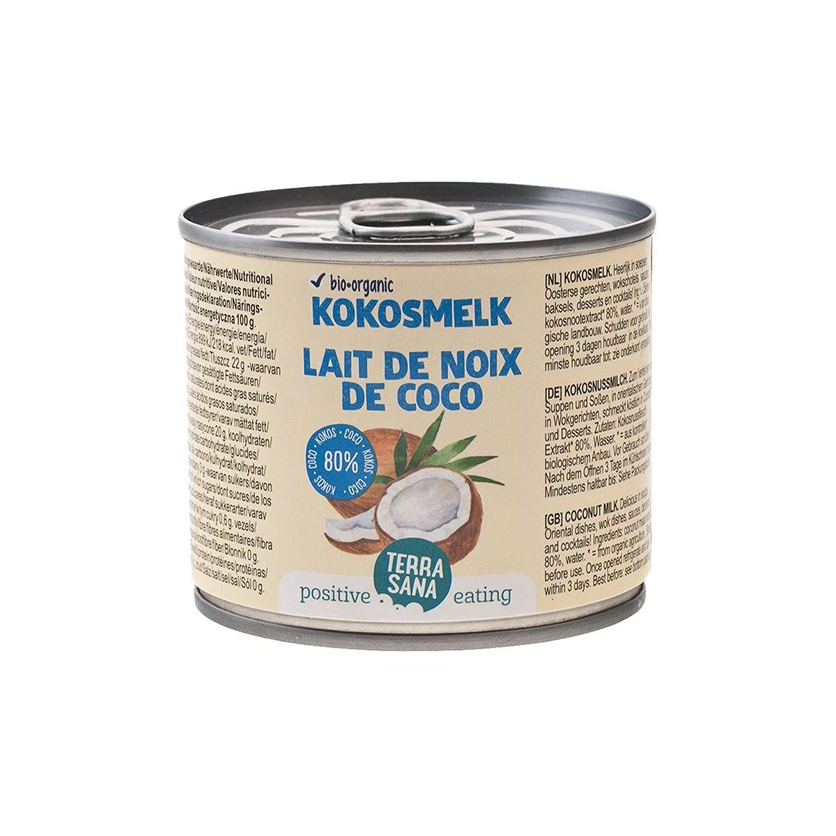 Dose Kokosmilch, Bio-Zertifizierung, Text: Kokosmelk, Lait de noix de coco, 80% Kokosnuss, Terra Sana.
