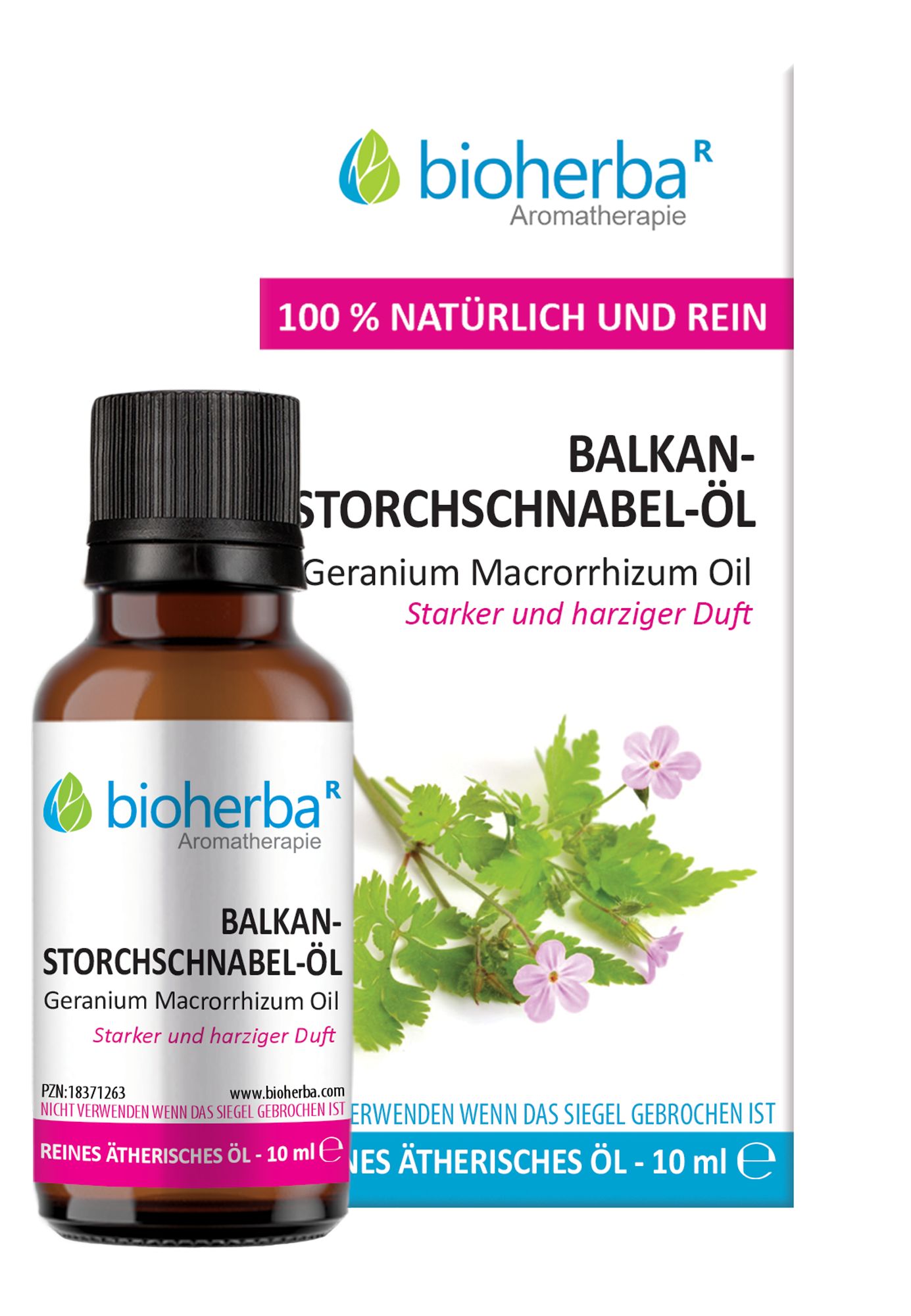 Braune Glasflasche mit schwarzem Deckel. Etikett mit Produktnamen und Marke. Karton mit Produktinformationen und Pflanzendarstellung.
