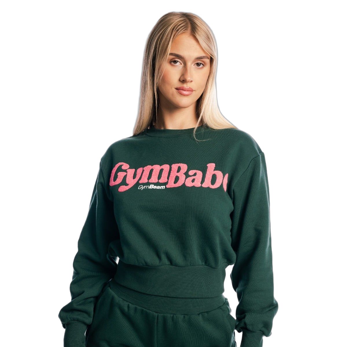 Damen Pullover cropped Langarm Forest grün mit rosa Schriftzug 'GymBaby' und 'GymBeam'.