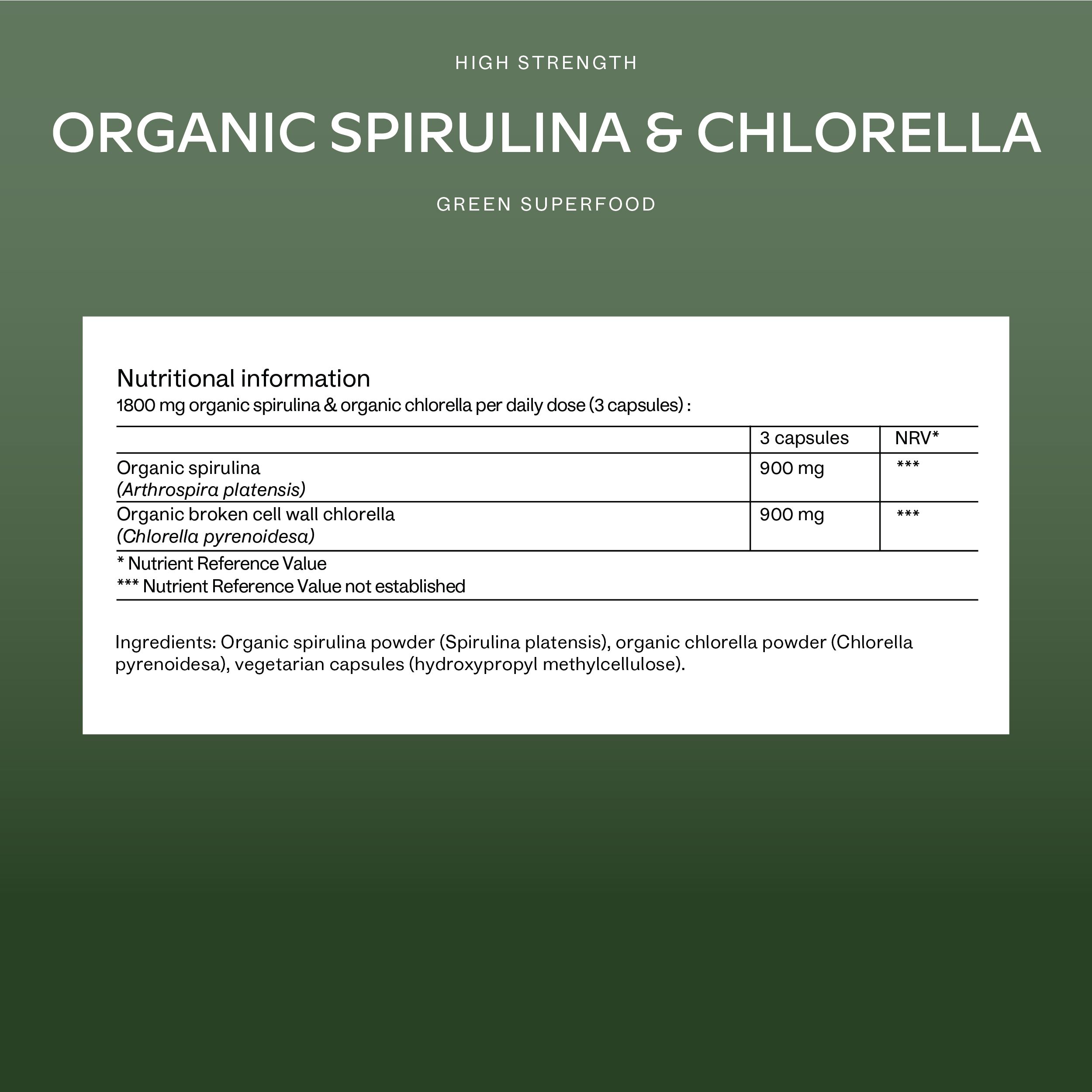 Text auf grünem Hintergrund: Nährwertangaben, Inhaltsstoffe. Organische Spirulina & Chlorella. 3 Kapseln.
