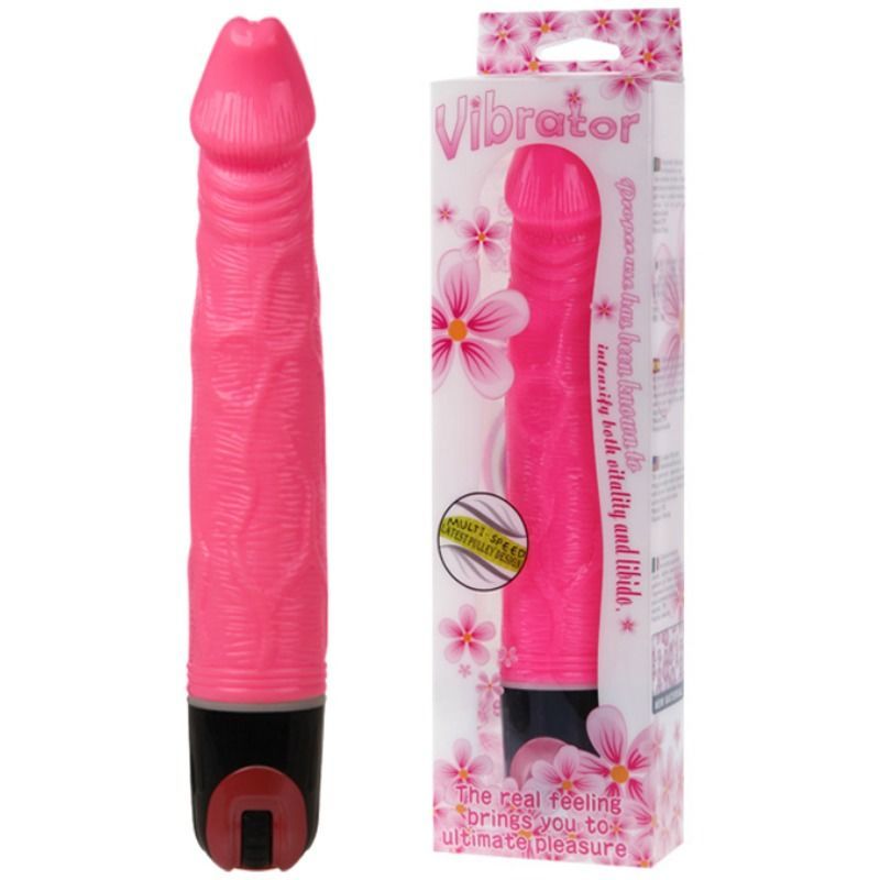 Pinkfarbener Vibrator mit geriffelter Oberfläche und schwarzem Griff. In Verpackung mit Produktabbildung und floralem Design.