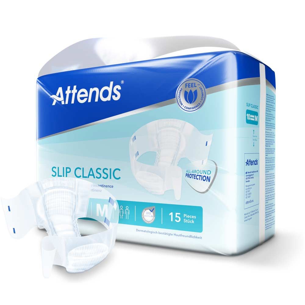 Attends Slip Classic 10 M und Verpackung. Produkt teilweise sichtbar. Aufschrift: Slip Classic, M, 15 Stück. Logo: Attends. Produkt mit Flügeln.