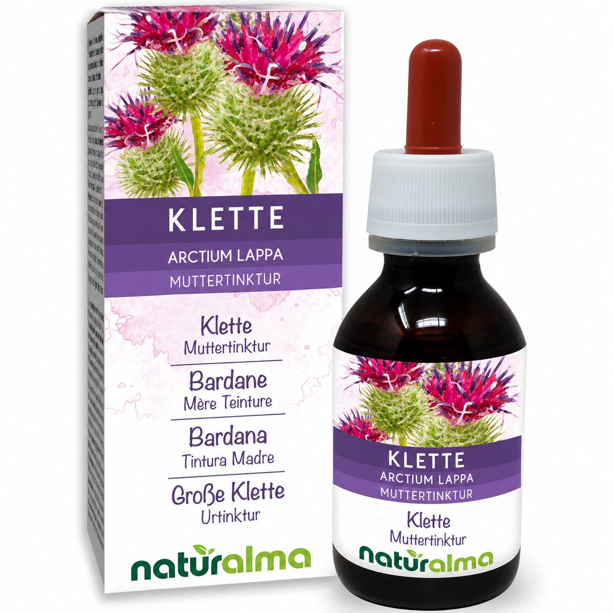 Klette Muttertinktur von Naturalma in Braunglasflasche mit Pipette und Faltschachtel.