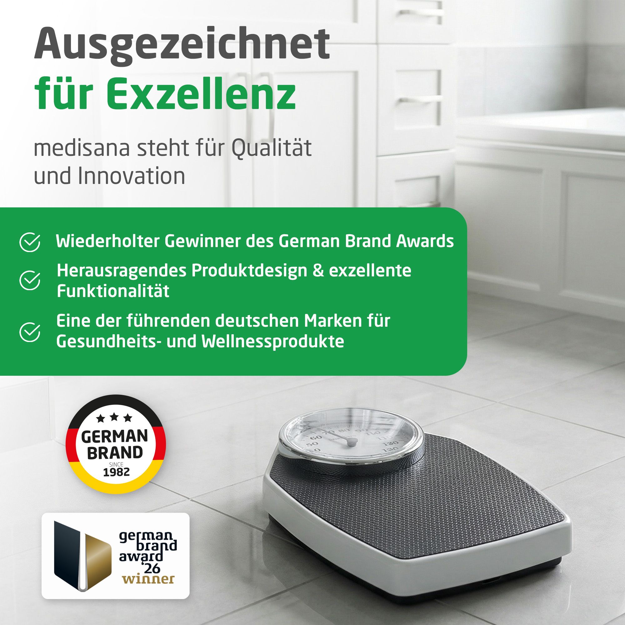Analoge Personenwaage mit Medisana Logo. Ausgezeichnet für Design und Funktionalität, German Brand Award.