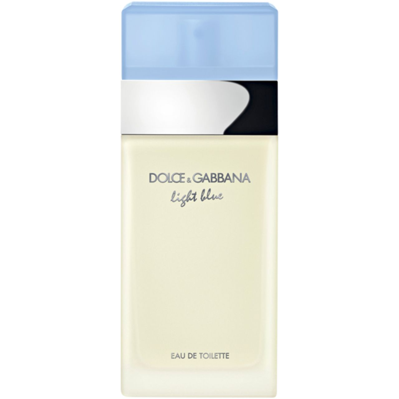 Dolce & Gabbana Light Blue EdT Flakon. Hellblauer Deckel, silberner Streifen, weißes Etikett.