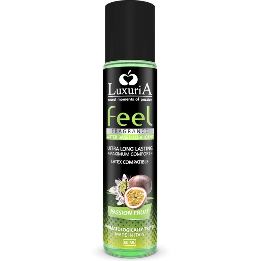 Schwarze Flasche mit grünem Etikett. Aufschrift: LuxuriA Feel, Passion Fruit. Dermatologisch getestet. 60 ml.