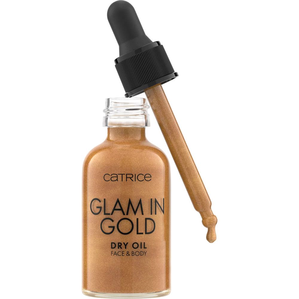 Glasflasche mit goldfarbenem Trockenöl und Pipette. Aufschrift: Catrice, Glam In Gold, Dry Oil, Face & Body.