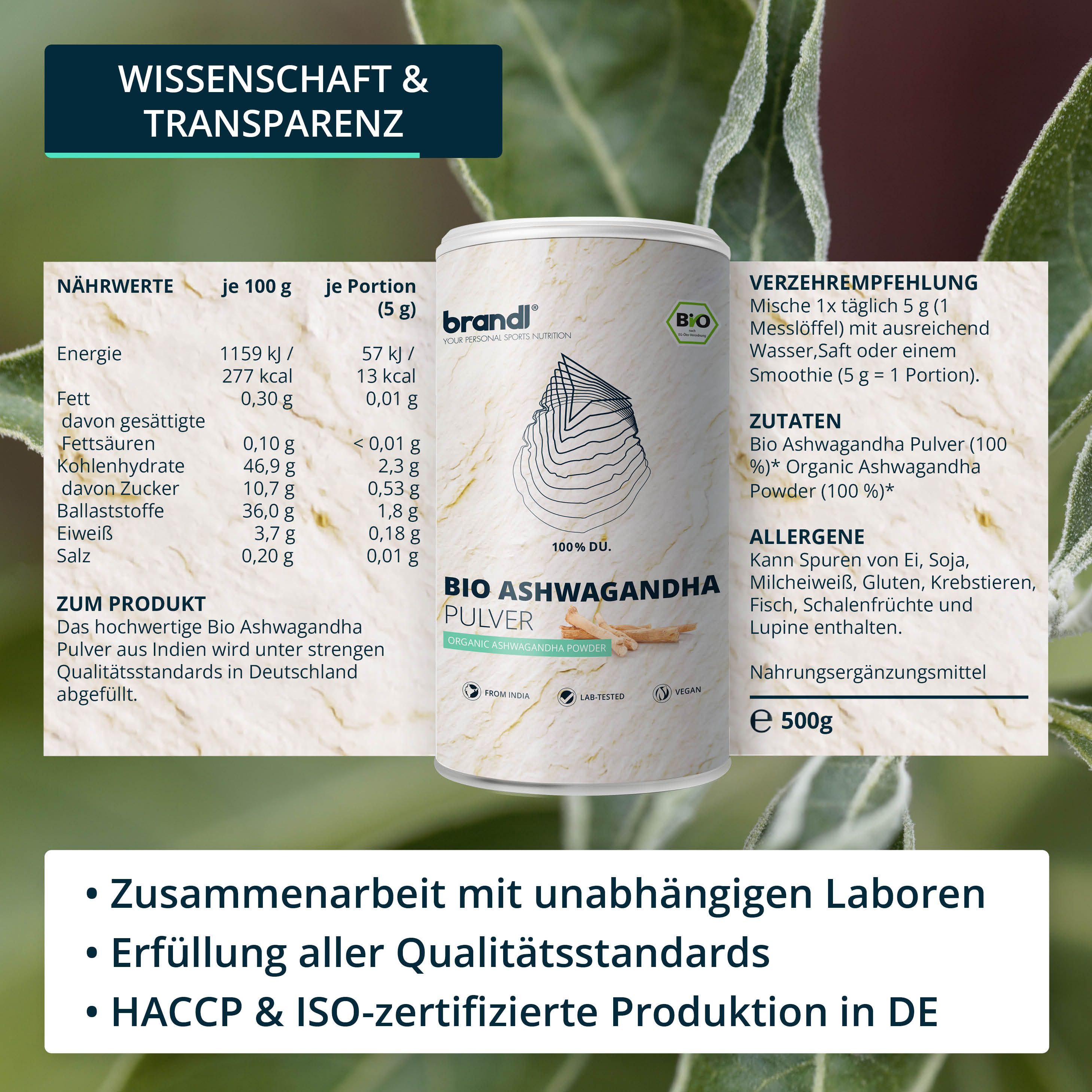brandl® Ashwagandha Pulver Bio | Ashwagandha in Deutschland abgefüllt | Premium Ashwagandha Bio