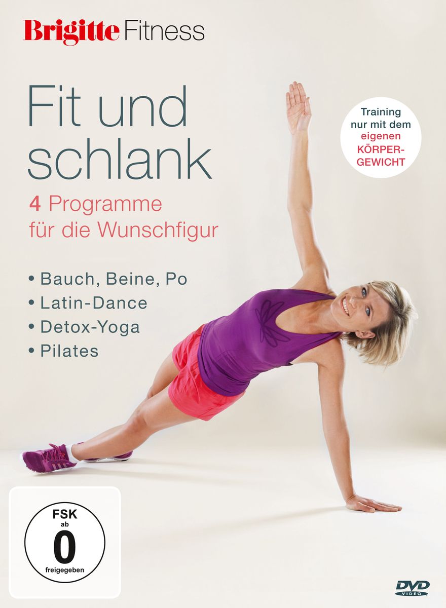 DVD-Hülle mit Titel "Fit und schlank". Frau in Sportkleidung, Arm gehoben. Logo "Brigitte Fitness". FSK-Siegel.
