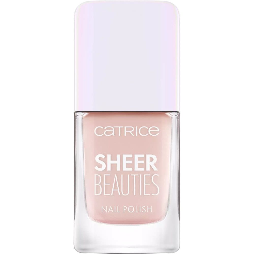 Nagellackflasche mit weißem Deckel. Aufschrift: Catrice Sheer Beauties Nail Polish. Rosa Inhalt.
