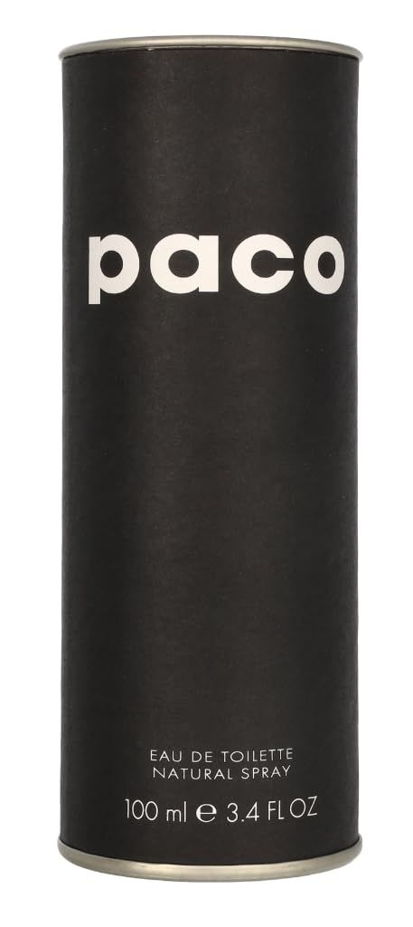 Zylindrische, schwarze Verpackung. Aufschrift "paco" in Weiß. Text: "Eau de Toilette Natural Spray". Volumenangabe: 100 ml.