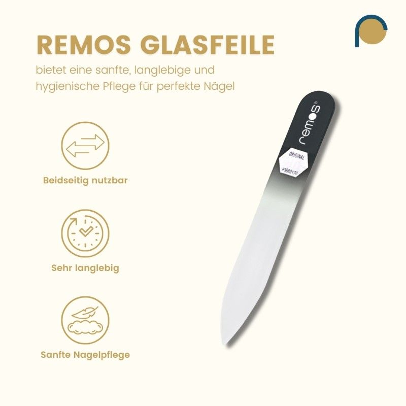 Glasnagelfeile, beidseitig, mit schwarzem Griff, Marke remos. Text: Beidseitig nutzbar, sehr langlebig, sanfte Nagelpflege.