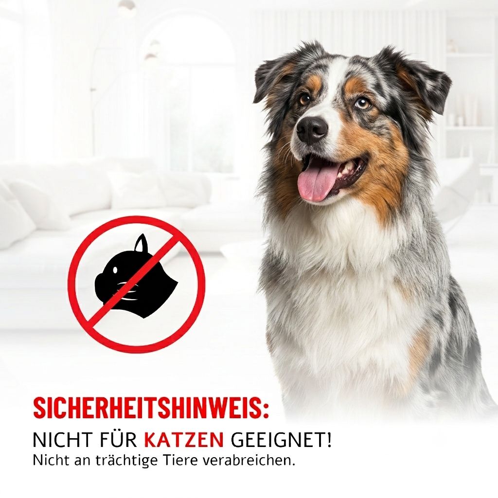 Sicherheitshinweis: Nicht für Katzen geeignet. Hund im Hintergrund.