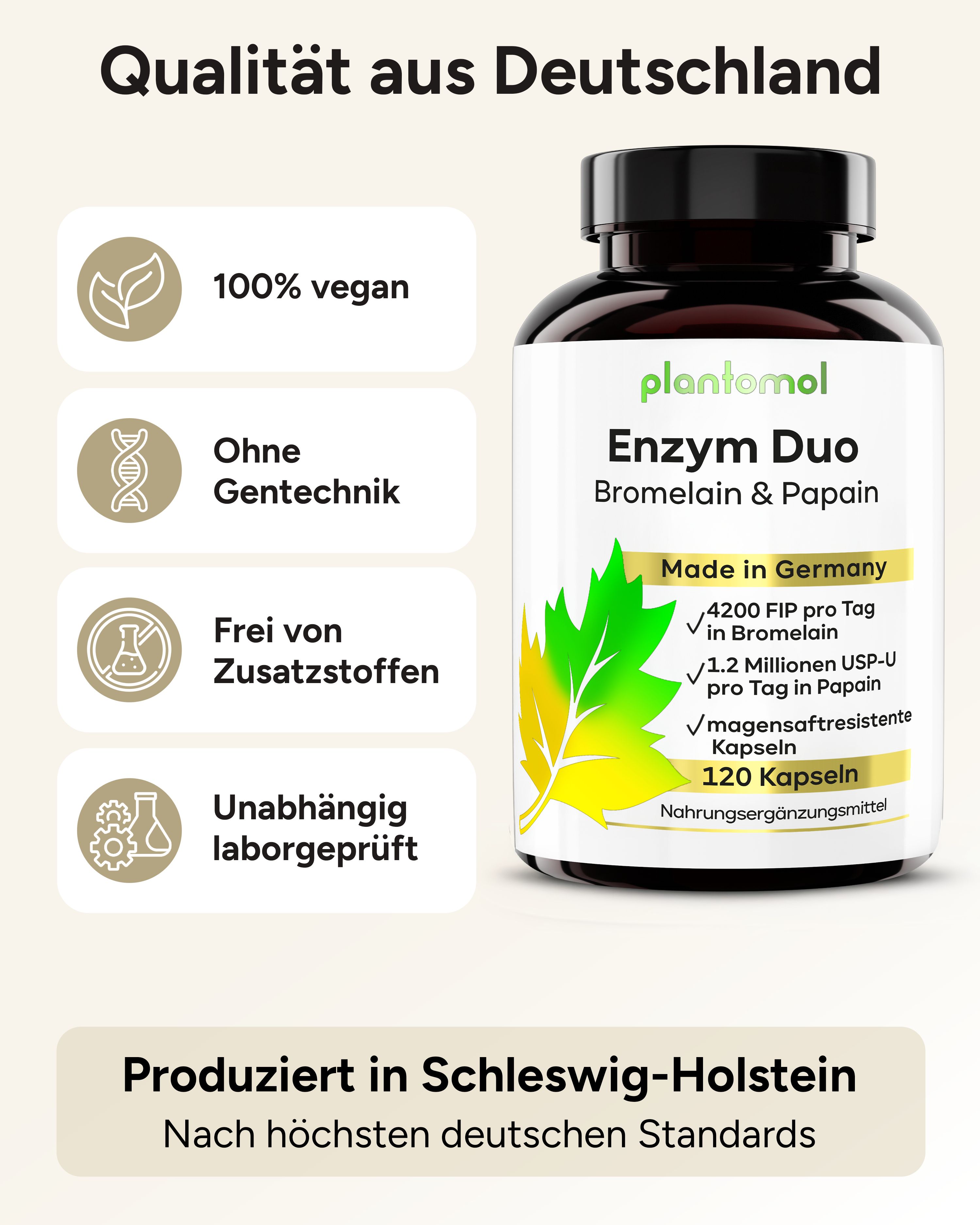 Produktflasche mit Text: plantomol Enzym Duo, 120 Kapseln. Logos: vegan, ohne Gentechnik, ohne Zusatzstoffe.