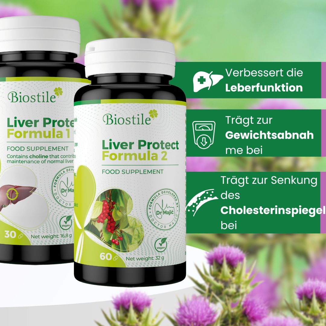 Biostile Liver Protect Formula 1 und 2 Dosen mit Kräutern.