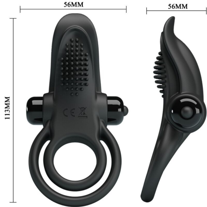 Abgebildet sind ein Penisring und ein Stimulationsaufsatz. Maße: 113mm x 56mm.