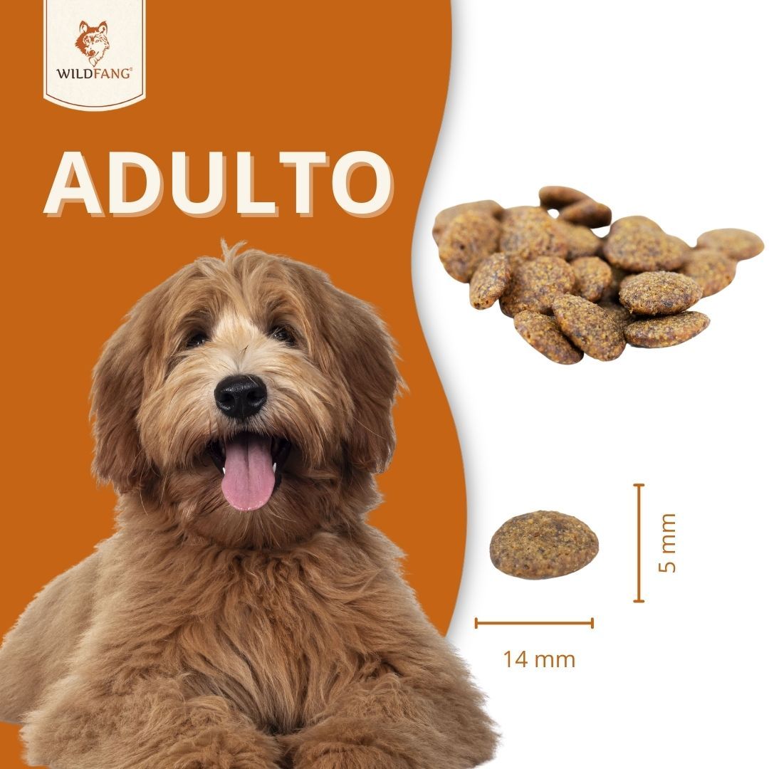 Hundefutter-Pellets. Maße: 14 mm x 5 mm. Text: WILD FANG, ADULTO.