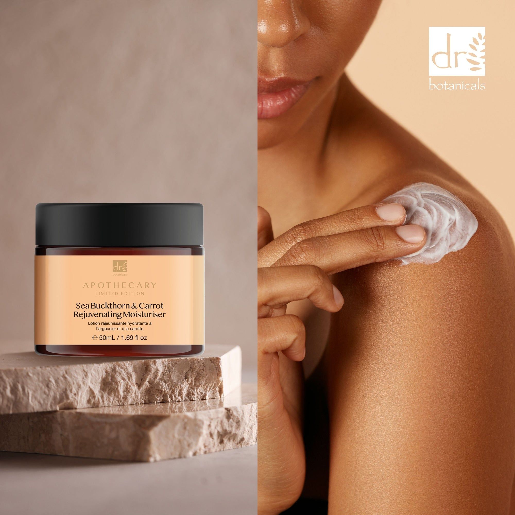 Creme-Dose neben einer Person, die Creme auf die Schulter aufträgt. Aufschrift: Sea Buckthorn & Carrot Rejuvenating Moisturiser. Apothecary Limited Edition.