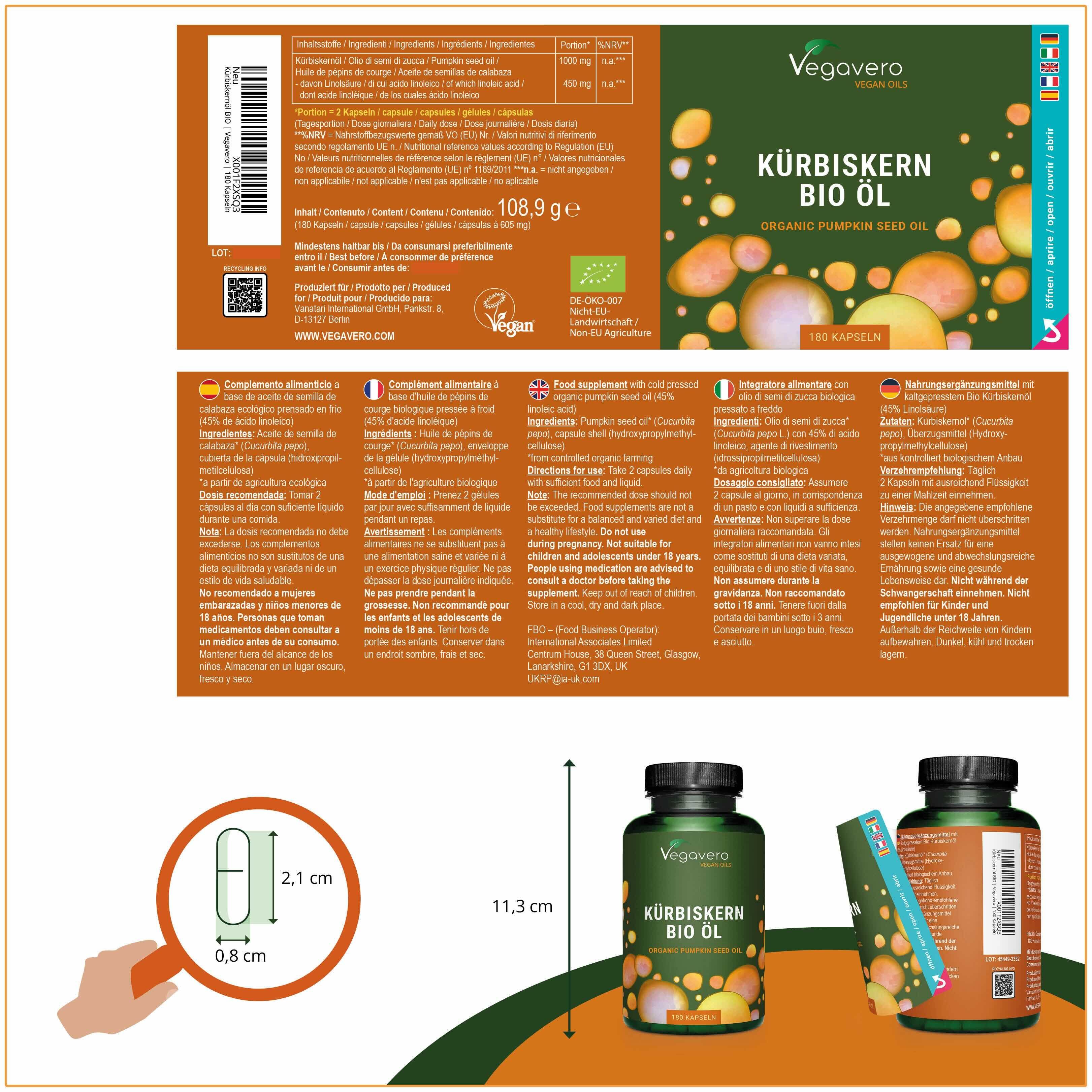 Produktverpackung mit Etikett. Enthält Informationen zu Inhaltsstoffen, Nährwerten und Zertifizierungen. Vegavaro Logo.