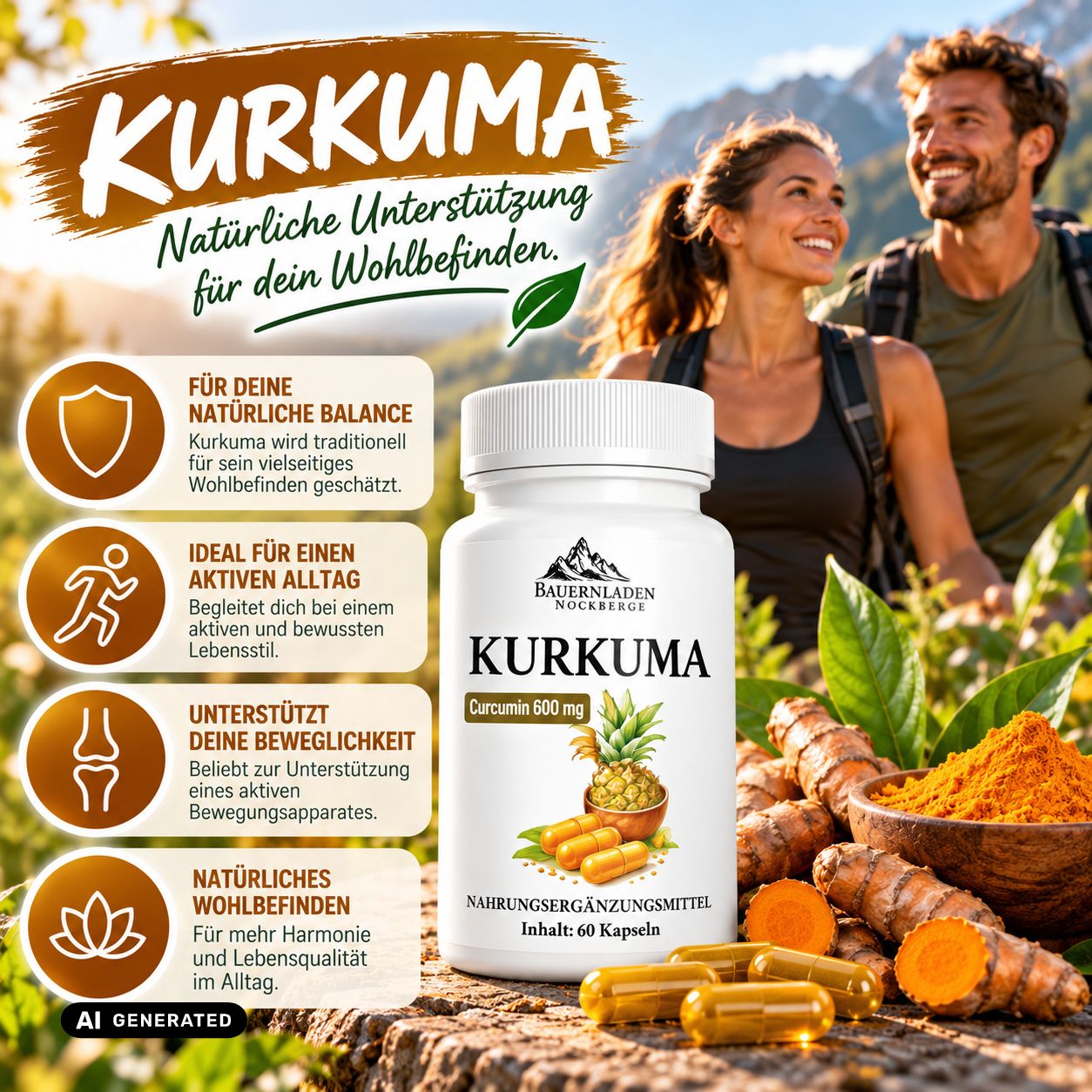 Flasche mit Kurkuma-Nahrungsergänzungsmitteln, mit Etikett 'BAUERNLADEN NOCKBERGE', Curcumin 600 mg.