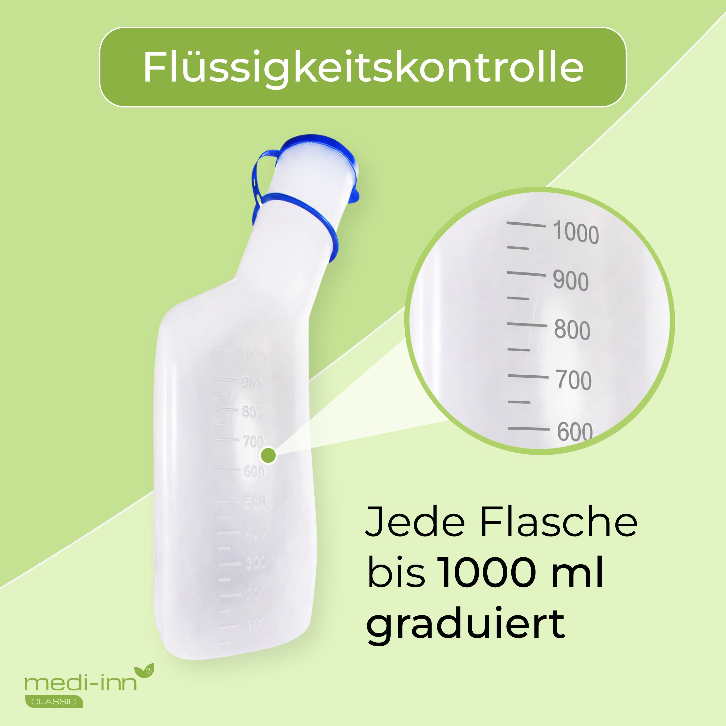 Transluzente Urinflasche mit blauer Kappe und Skala von 600-1000 ml, Text 'Flüssigkeitskontrolle', 'Jede Flasche bis 1000 ml graduiert'.