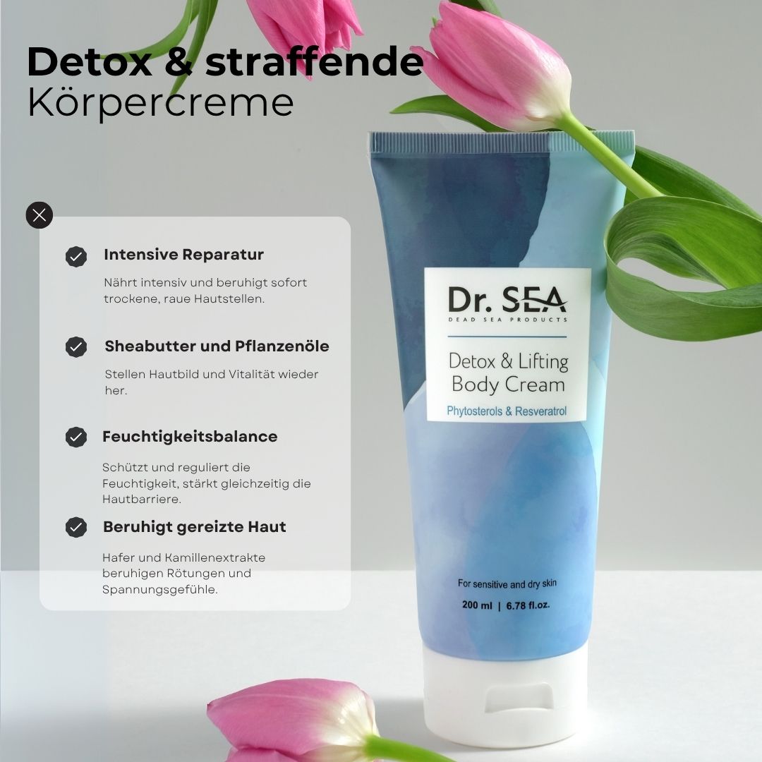 Creme-Tube mit Text und Illustrationen. Text: Detox & straffende Körpercreme. Inhaltsstoffe und Vorteile werden aufgelistet.