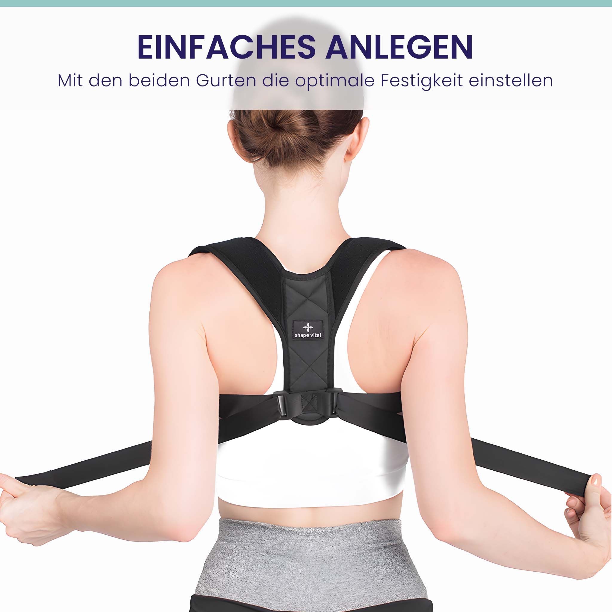 Rückansicht einer Frau mit Haltungskorrektur-Gurt, verstellbare Gurte.