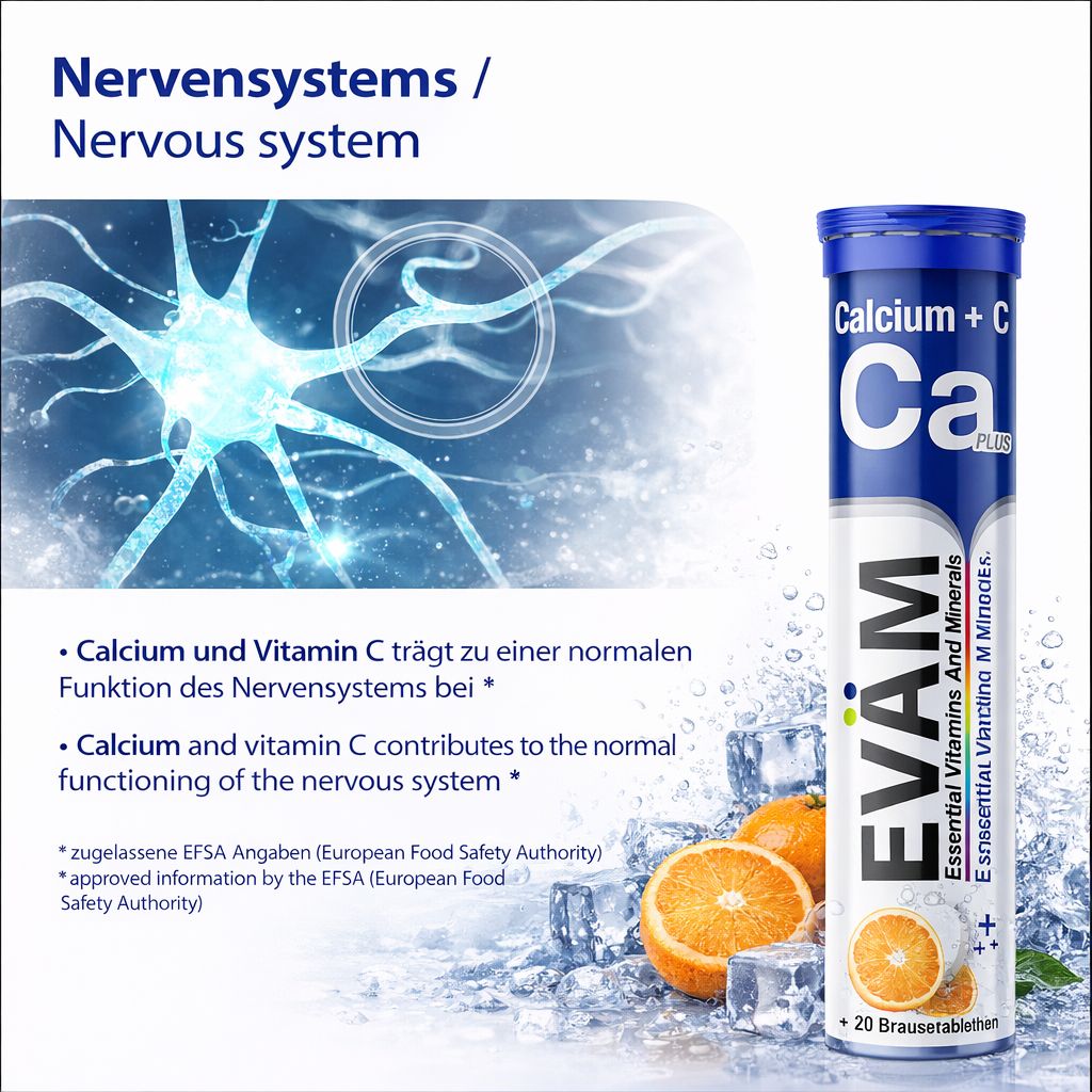 Tuben EVÄM Calcium + C, neben Abbildung Nervensystem. Text: Calcium und Vitamin C für normale Nervenfunktion. Eiswürfel und Orangen.