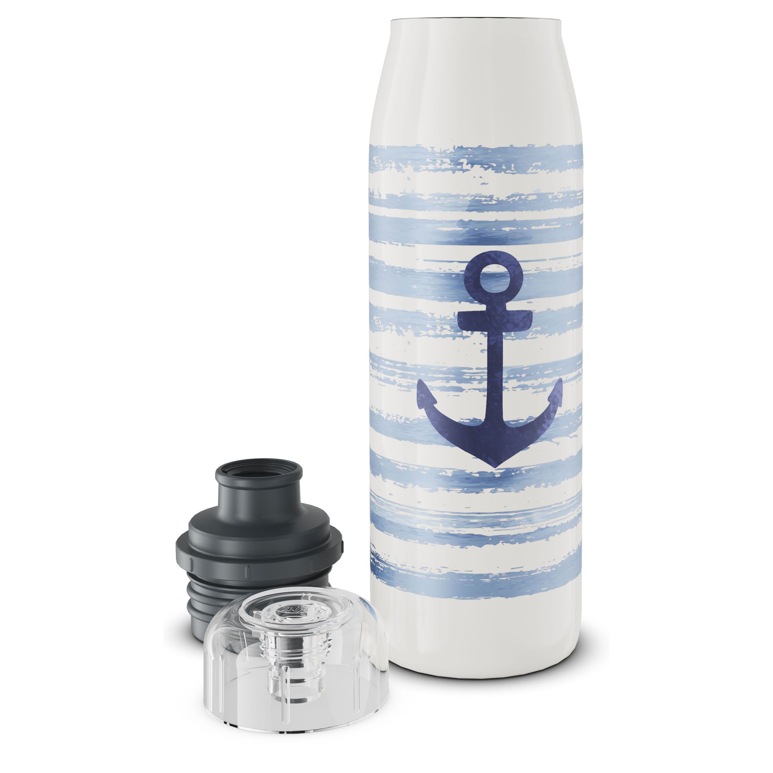Weiße Trinkflasche mit blauem Anker und Streifen, zerlegter Deckel daneben.