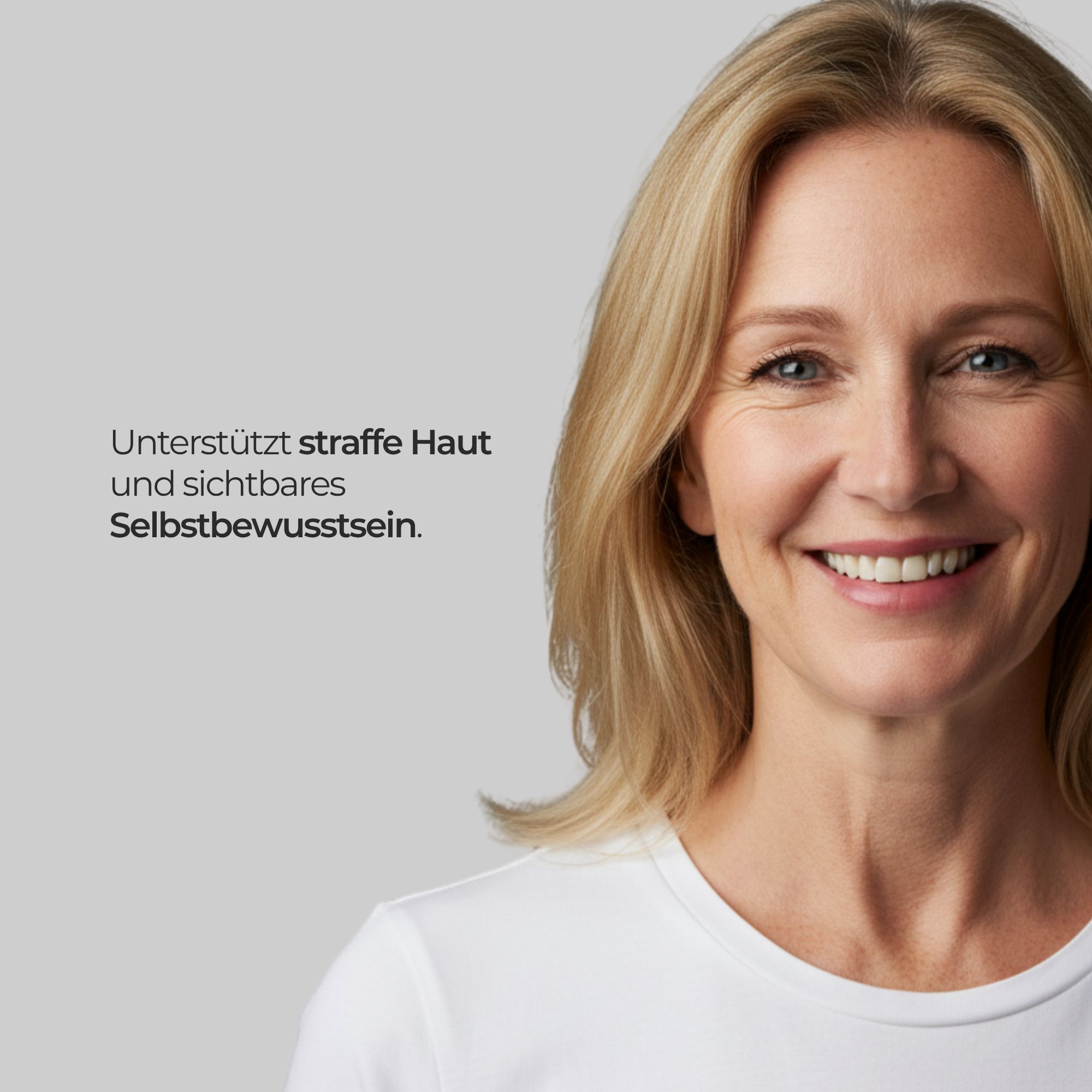 Porträt einer lächelnden Frau mit blonden Haaren. Text: Unterstützt straffe Haut und sichtbares Selbstbewusstsein.