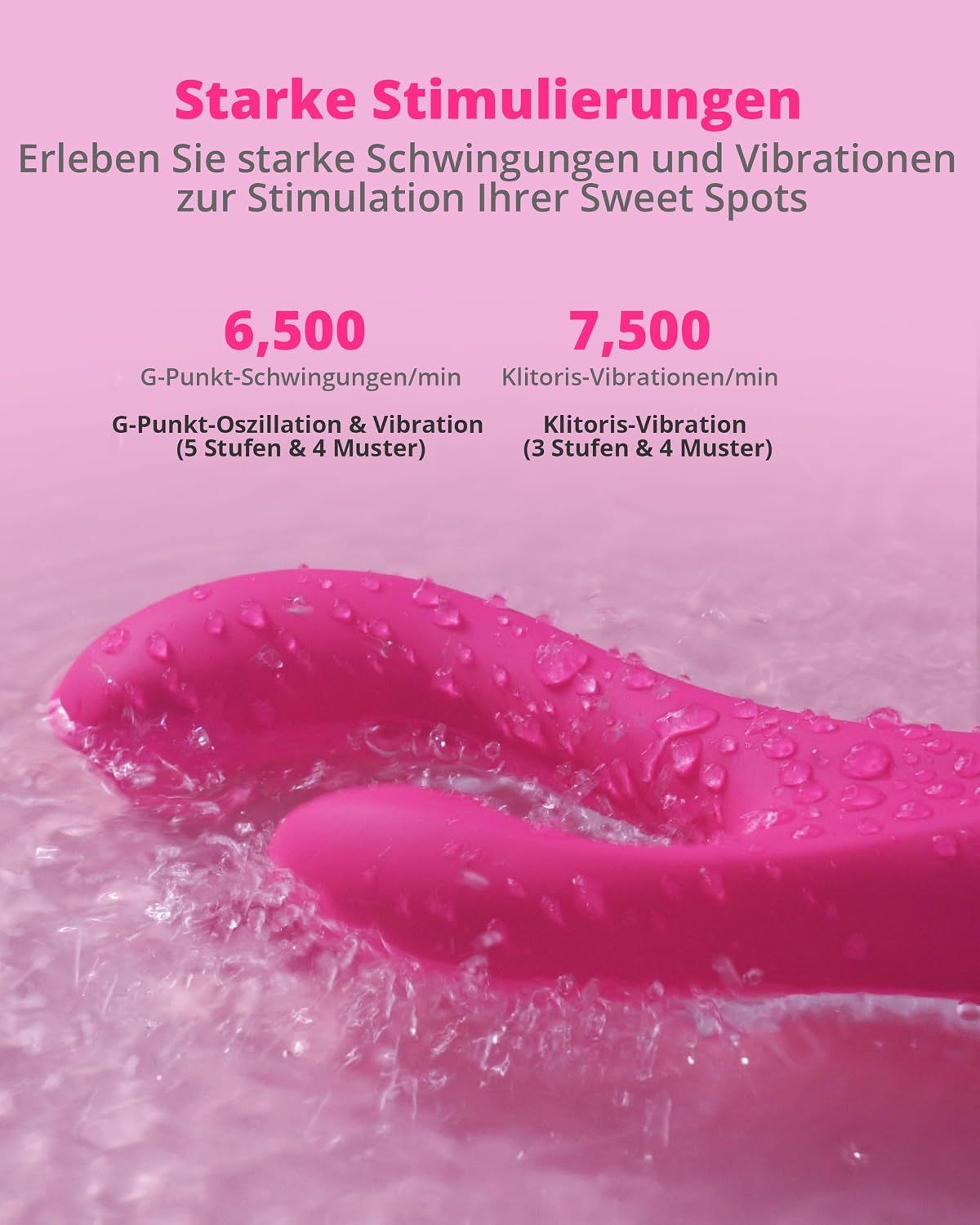 Pinker Vibrator mit zwei Armen, der in Wasser liegt und mit Wassertropfen bedeckt ist.