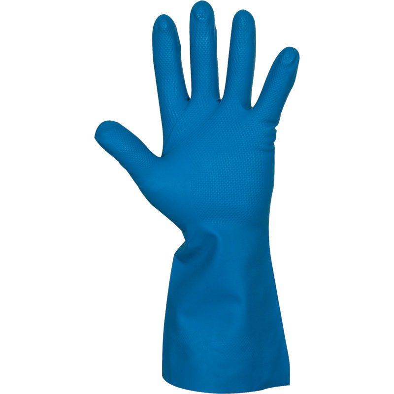 Blauer Haushaltshandschuh aus Nitril. Der Handschuh ist auf einer Hand dargestellt.