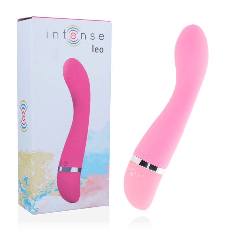 Produkt und Verpackung. Rosa Vibrator neben einer weißen Box mit 'intense leo' Aufschrift. Vibrator mit silbernen Akzenten.