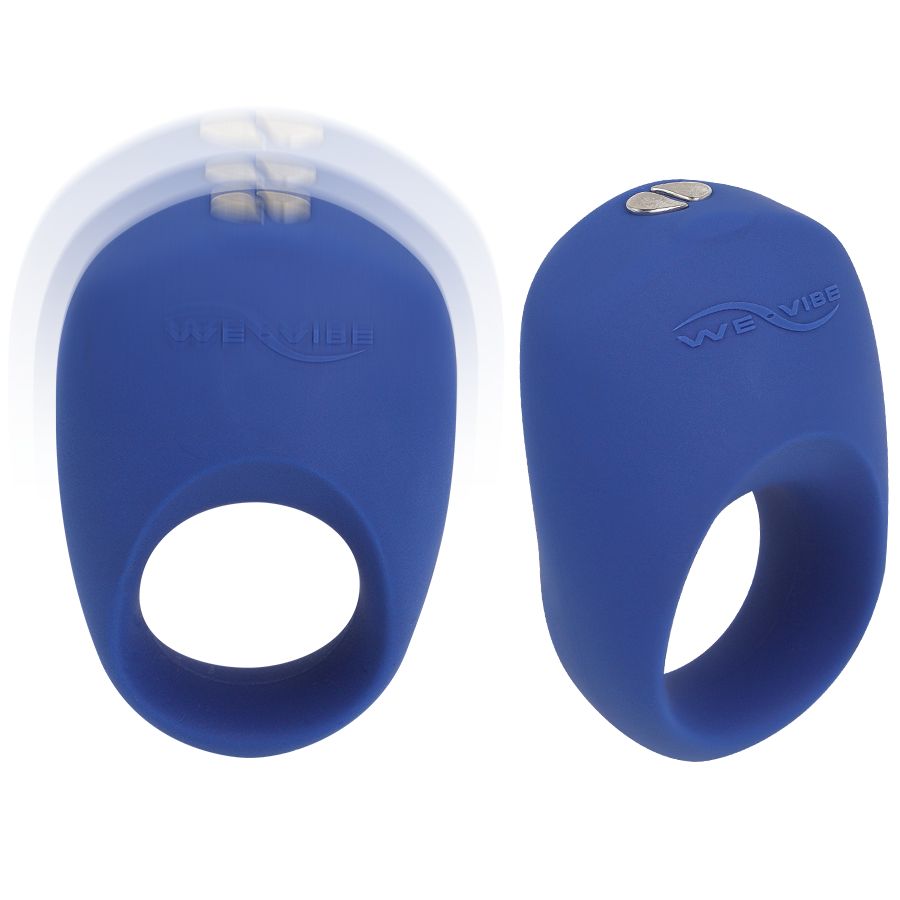 Zwei blaue We-Vibe Pivot Penisringe. Ringförmiges Design mit Bedienknopf. Marke We-Vibe sichtbar.