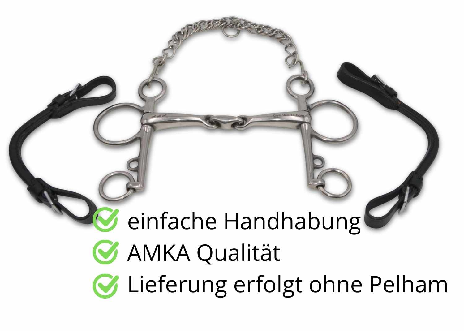 Gebiss mit Kette und zwei schwarzen Lederriemen. Text: einfache Handhabung, AMKA Qualität, Lieferung ohne Pelham.