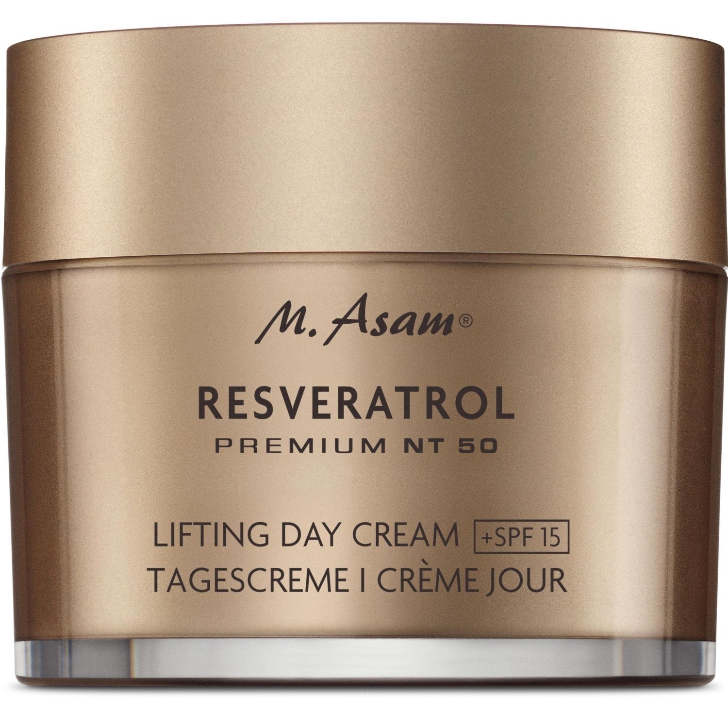 Goldfarbener Tiegel mit Deckel. Aufschrift: M. Asam, RESVERATROL PREMIUM NT 50, LIFTING DAY CREAM +SPF 15, Tagescreme / Crème Jour.
