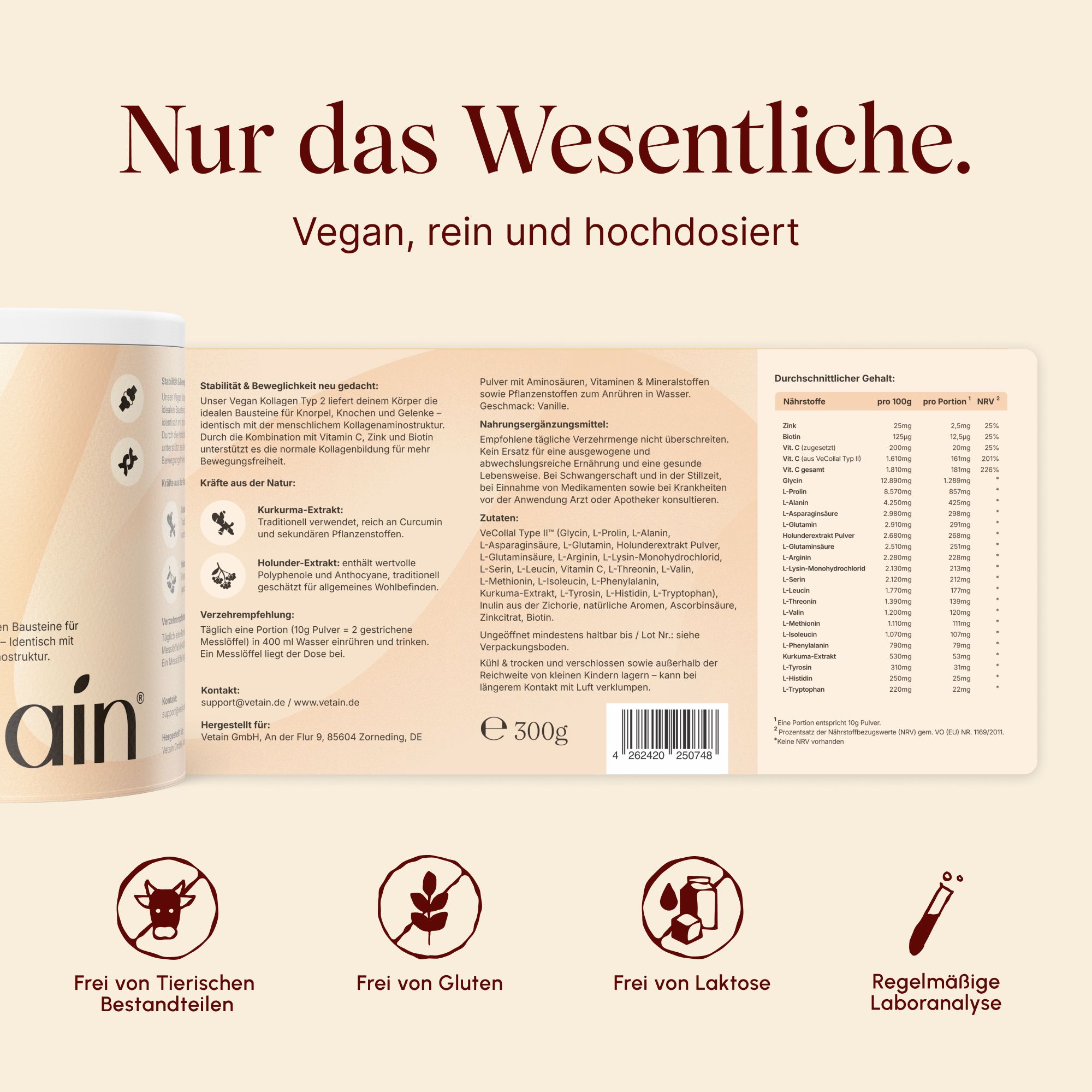 VETAIN Kollagenpulver Vegan - VeCollal®, Vitamin C, Kurkuma, Zink & Biotin - Für Knochen & Gelenke