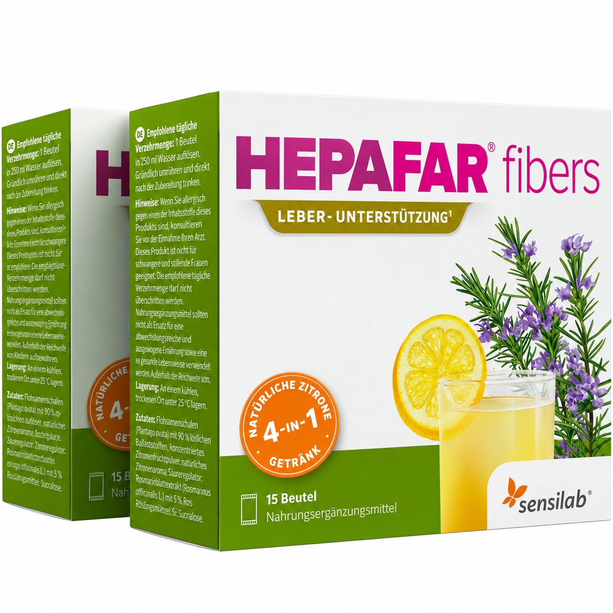 Zwei Packungen Hepafar Fibers Leber-Unterstützung mit Zitrone und Kräutern.